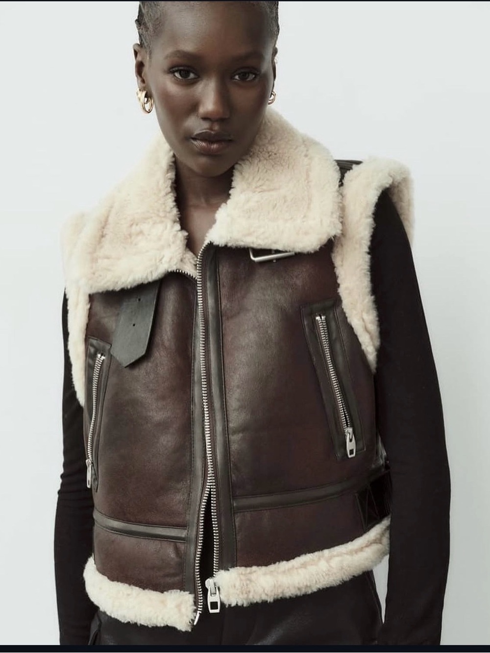 brown Zara faux leather and shearling aviator vest w faux fur sherpa lining